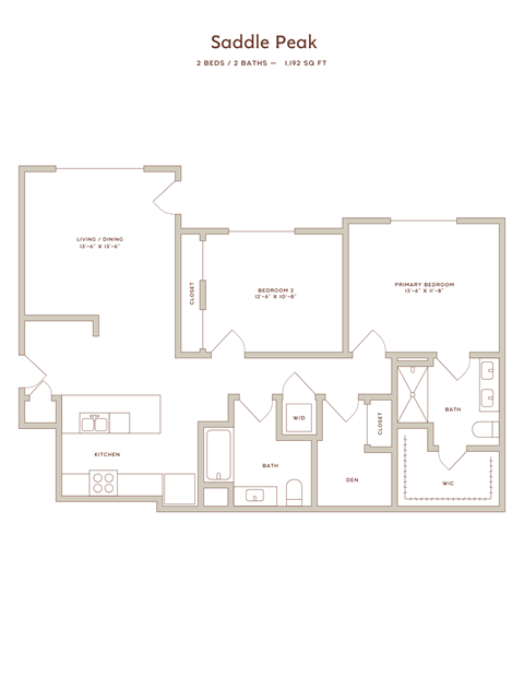 Floor plan for 2 beds, 2 baths, 1192 sqft